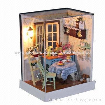 Best selling educational DIY wooden doll house with light and simulation furniture